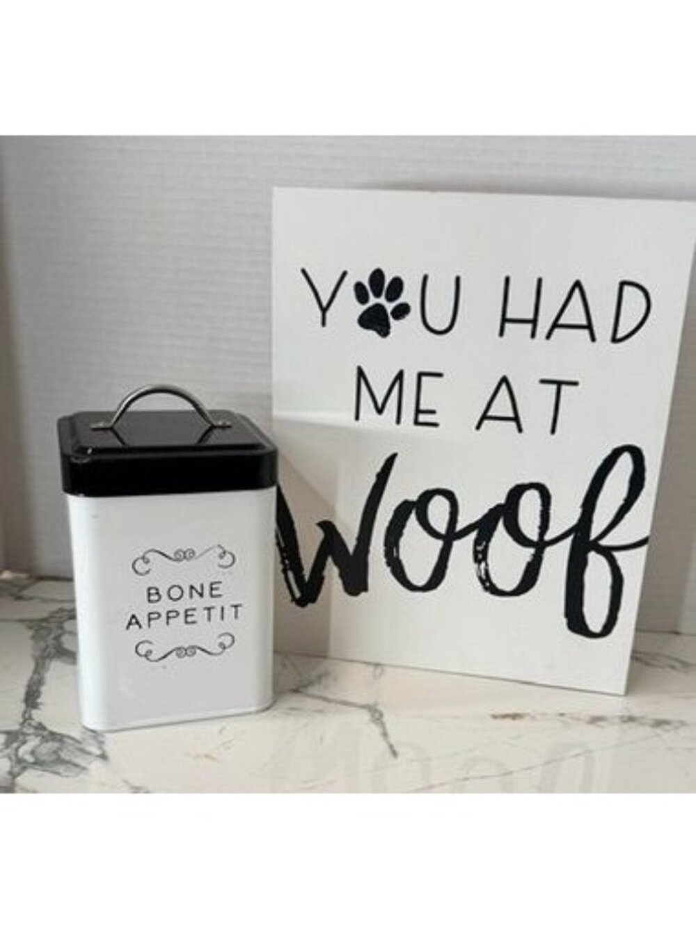 Dog lovers!  Woof signage and lidded treat can, man's best friend, treats,